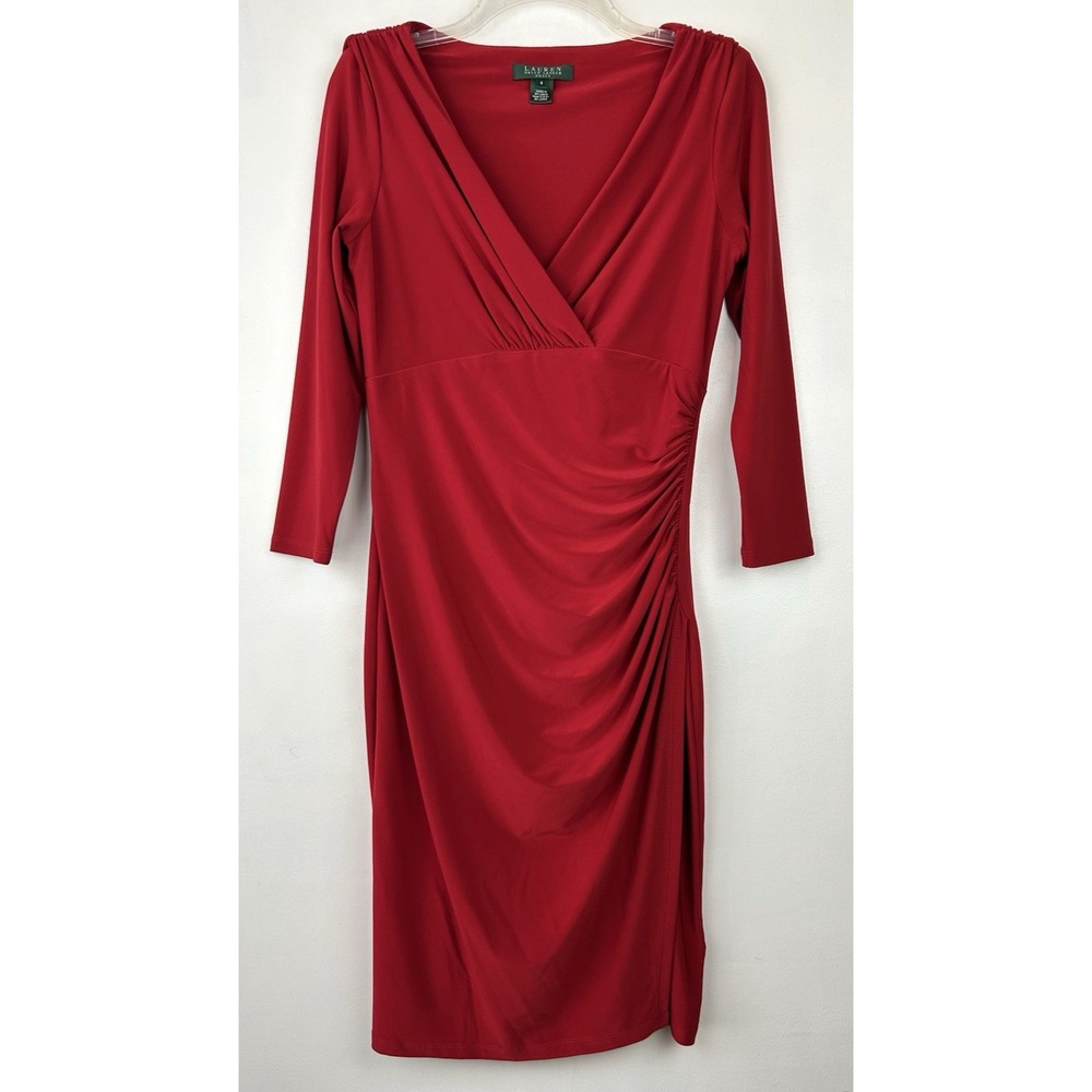 Ralph Lauren Dress Womens 6 Red Jersey Ruched Empire Flattering Party Event